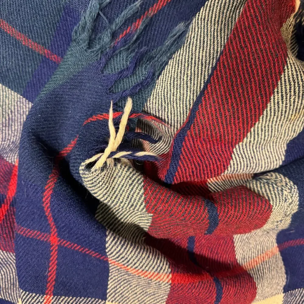 Vintage Wool Blanket Plaid Fringed Blue Red Cream Throw Unbranded 58”x64”
